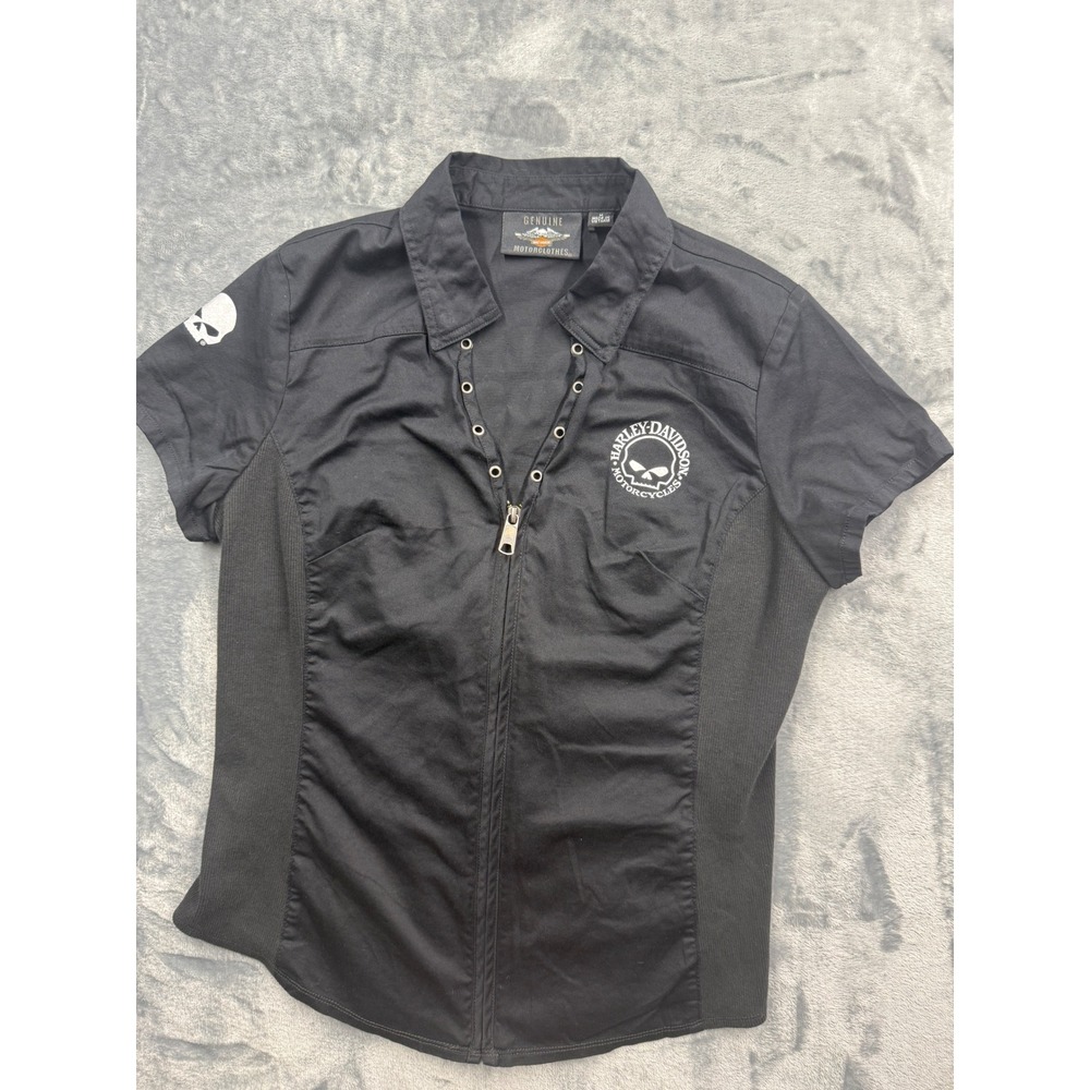 Harley Davidson Shirt Women Willie G Skull Zip Front Lace Back Black Medium